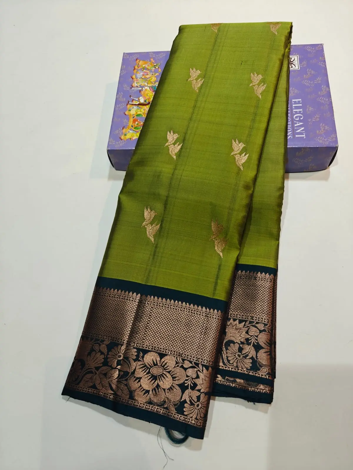 Gold Zari-Woven Flying Bird Motifs Kanchi Soft Silk Saree